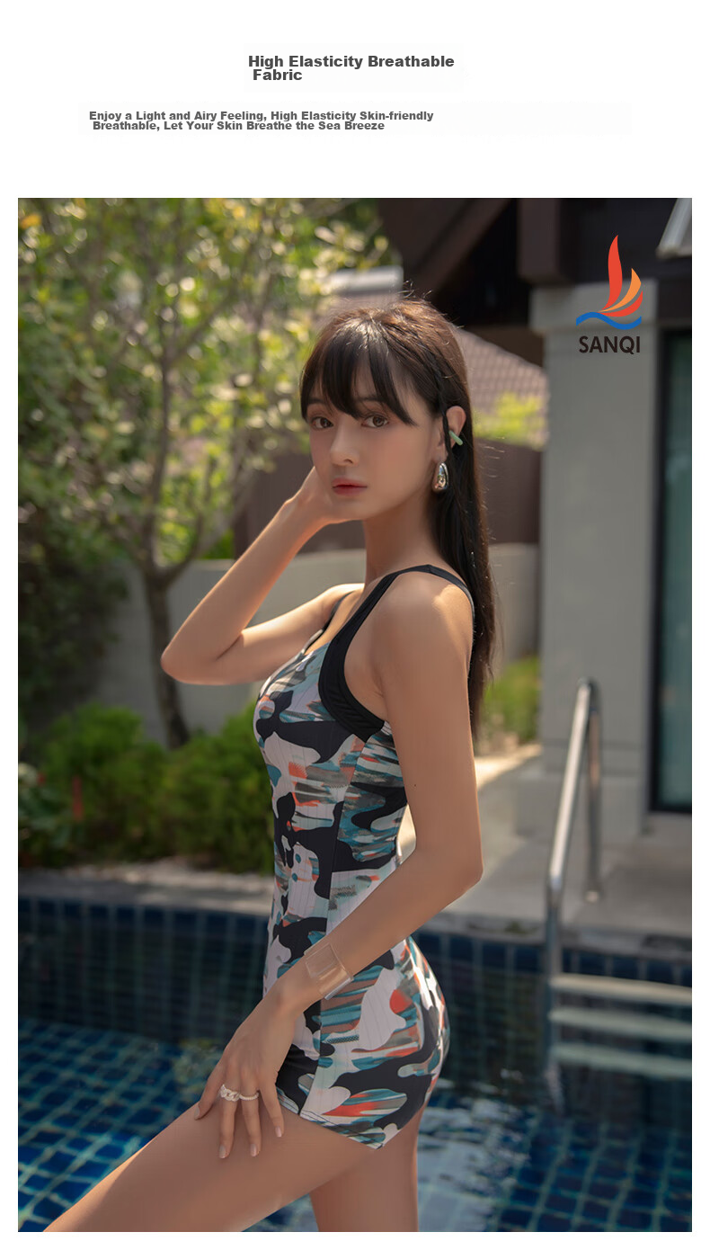 Sanqi Conservative One-Piece Swimsuit for Women with Boyshort Bottom, Professional Training Swimwear for Hot Springs And Sports, Plus Size 24050 Floral Pattern L 3