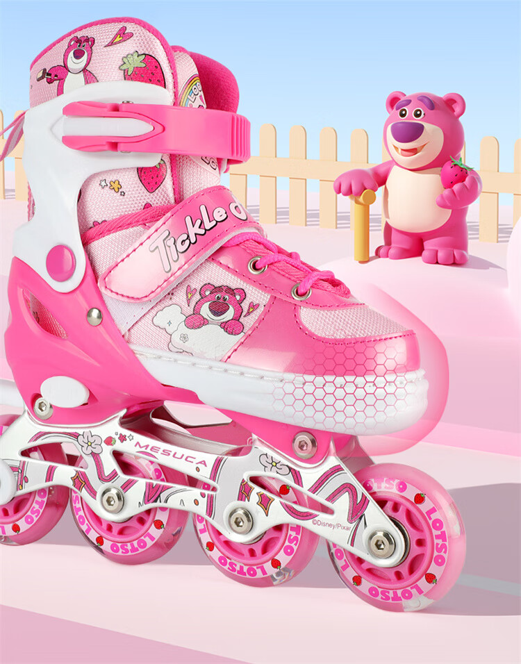 Disney Strawberry Bear Children's Roller Skates, Full Flash Inline Skates, Adjustable Ice Skates for Girls, Beginner Skating Shoes 16