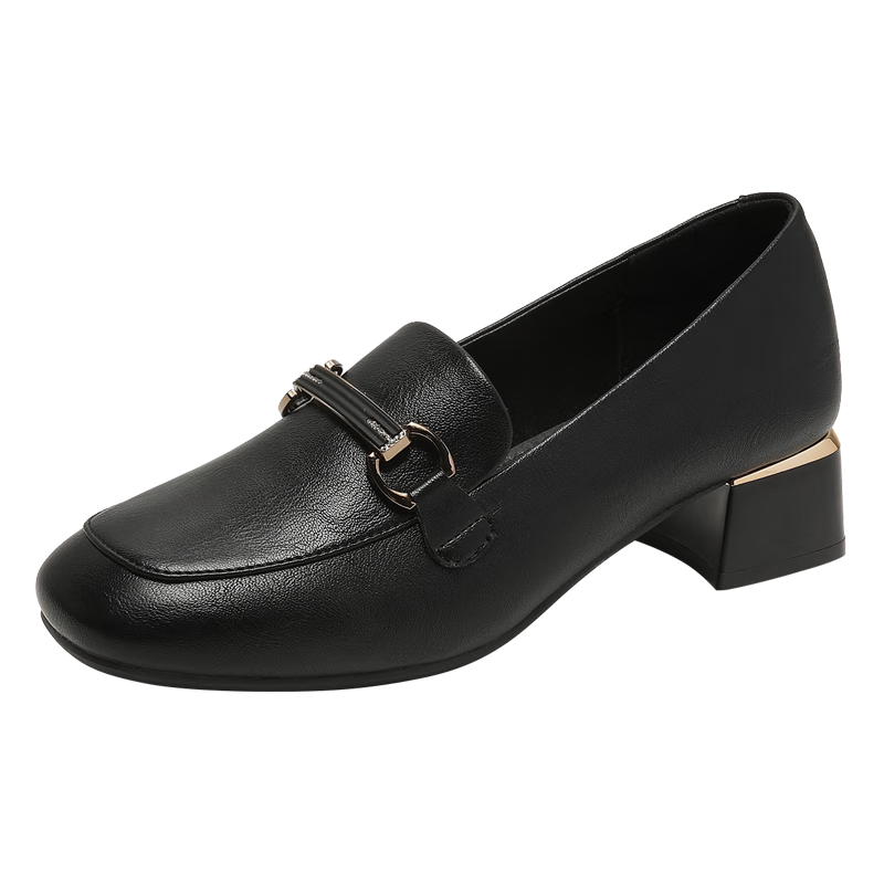 DAPHNE Chunky Mid-Heel Loafers for Women, Fashionable Comfortable Versatile Slip-On Leather Shoes, Black, Size 39