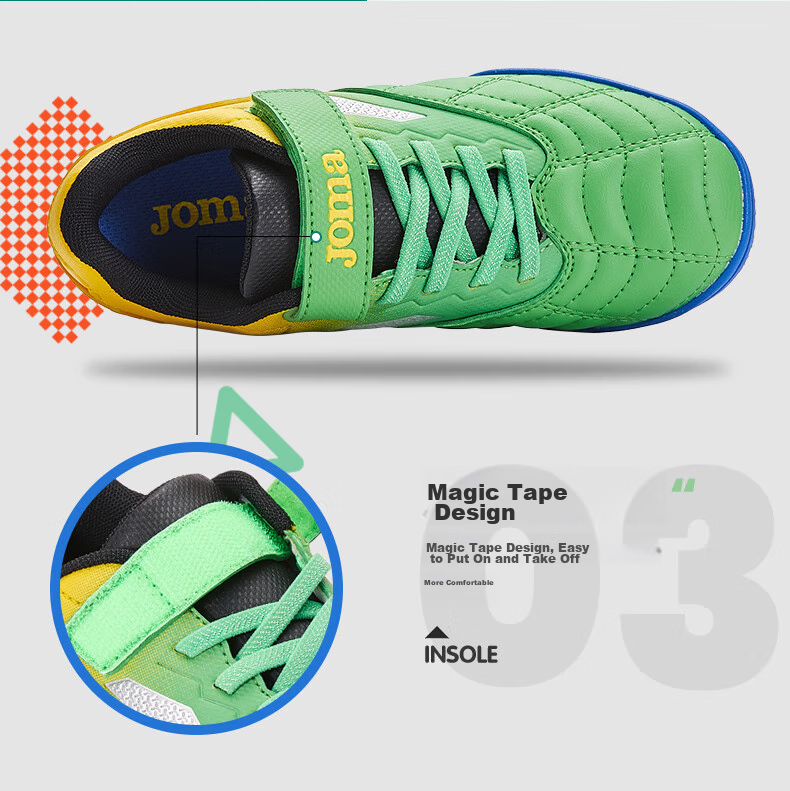 JOMA Velcro Children's Soccer Cleats, Molded Studs for Boys And Girls, Youth Student TF Football Training Shoes, Yellow-Green, Size 29 4