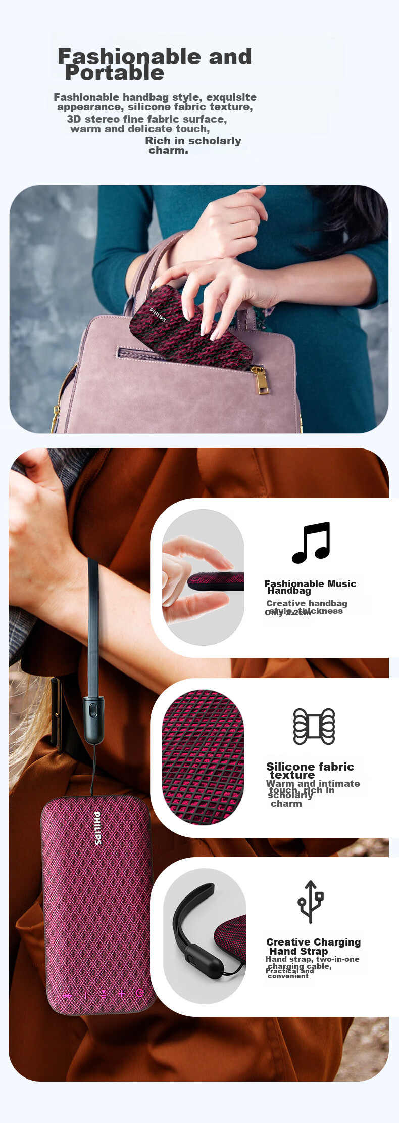 PHILIPS BT3900 Music Handbag, Ultra-Thin Portable Bluetooth Speaker, Compact Wireless Subwoofer Speaker, Desktop And Outdoor Waterproof Mini Speaker, Sapphire Blue 3