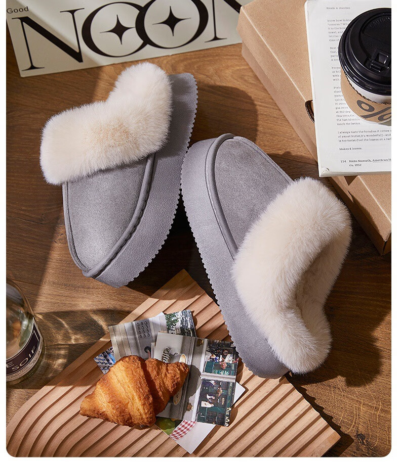 GUOLUOFEI Leather And Fur Integrated Thick Cotton Slippers for Men And Women, Home And Outdoor Wear, Furry Fleece-Lined Warm Couple Style, Gray, Size 42-43 19