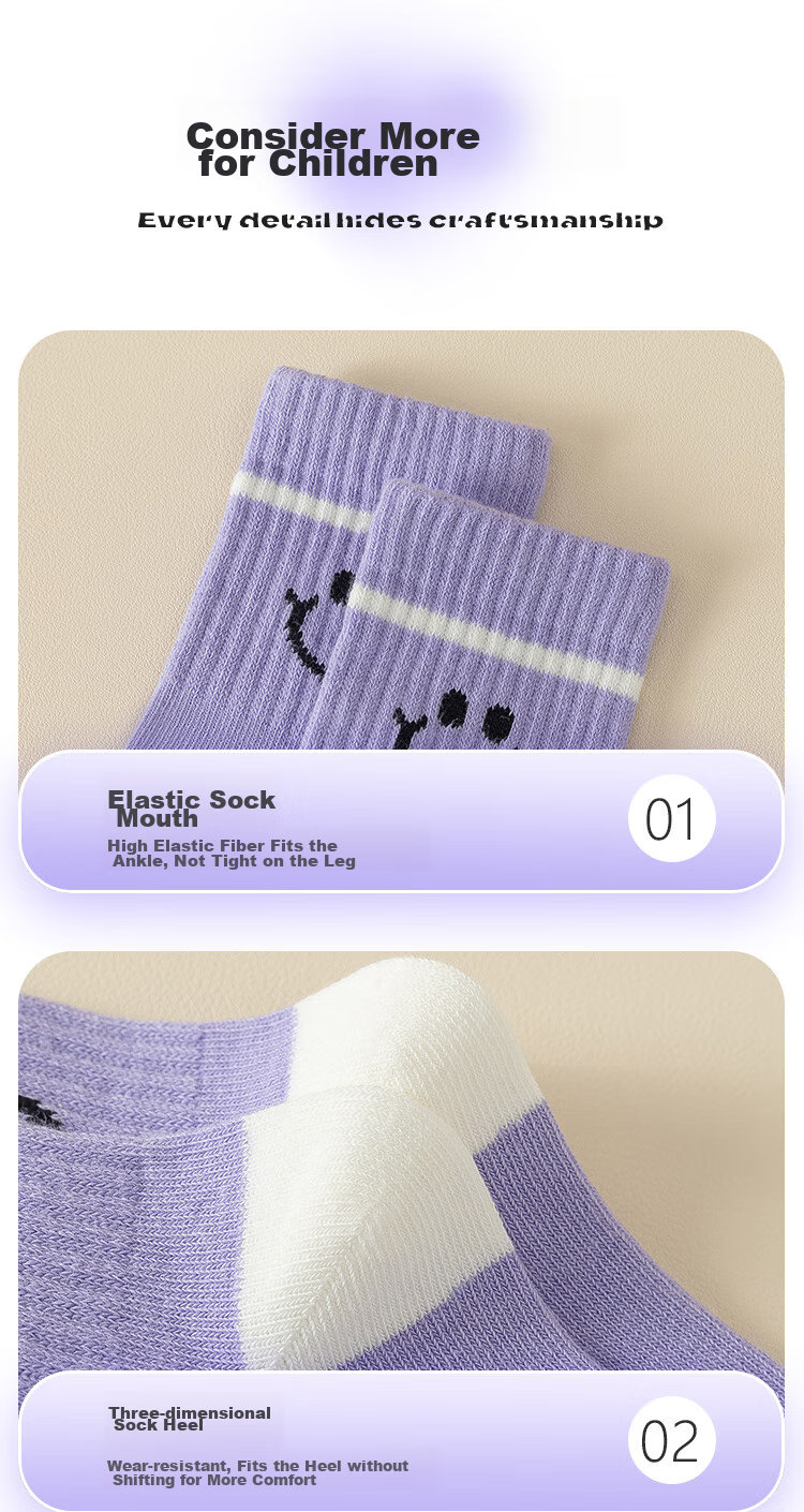 MiiOW Children's Socks, Girls' Mid-Calf Cotton Socks, High-Elasticity Student Socks, Breathable Socks for Older Children, 5 Pairs, Purple Smiley Face, Size L 15