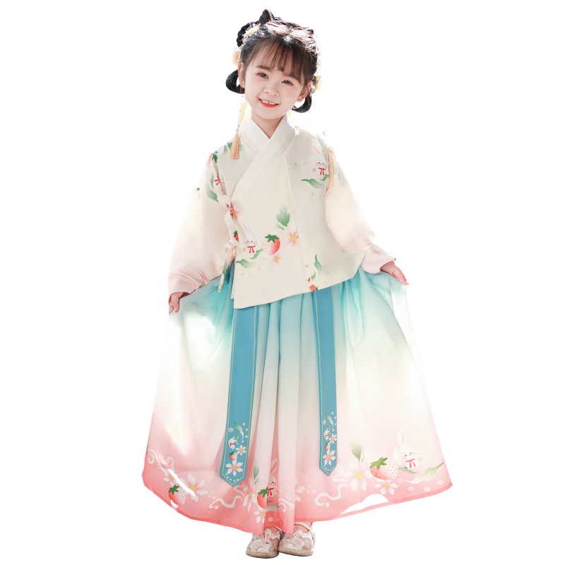 Luomeng Girls' Hanfu, New Chinese-Style Ming Dynasty Hanfu, Chinese-Style Performance Costume, Hanfu Tea White Two-Piece Set, Size 150