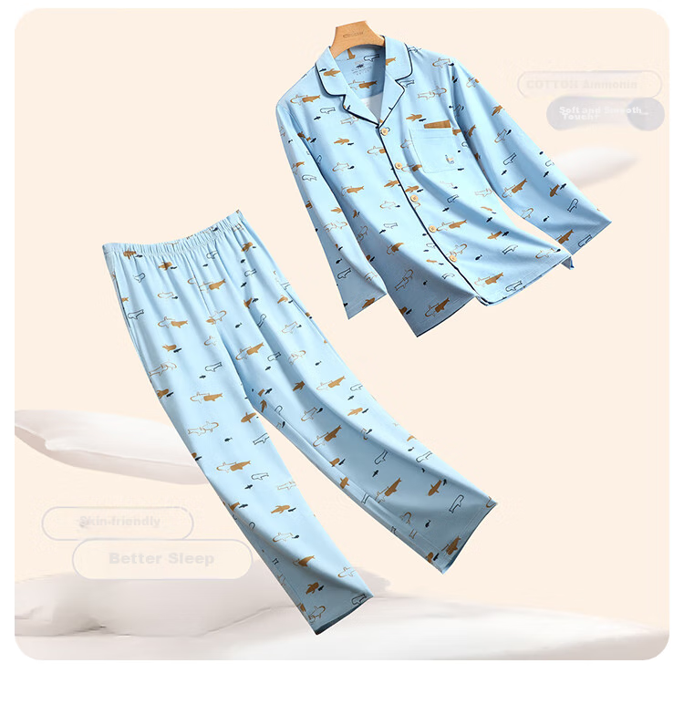 Hodohome Couple's Pajamas, Men's And Women's Spring And Autumn Long-Sleeve Cotton-Spandex High-Elasticity Printed Sleepwear Set, Tranquil Pink, 165/88A 14