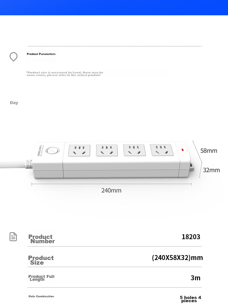 Deli 3C Certified National Standard Safe Power Strip, Extension Cord/Power Bar/Power Strip/Outlet Strip/Extension Cord with Master Switch, Child Safety Lock, 4 Outlets, 3 Meters, White, 18203 13