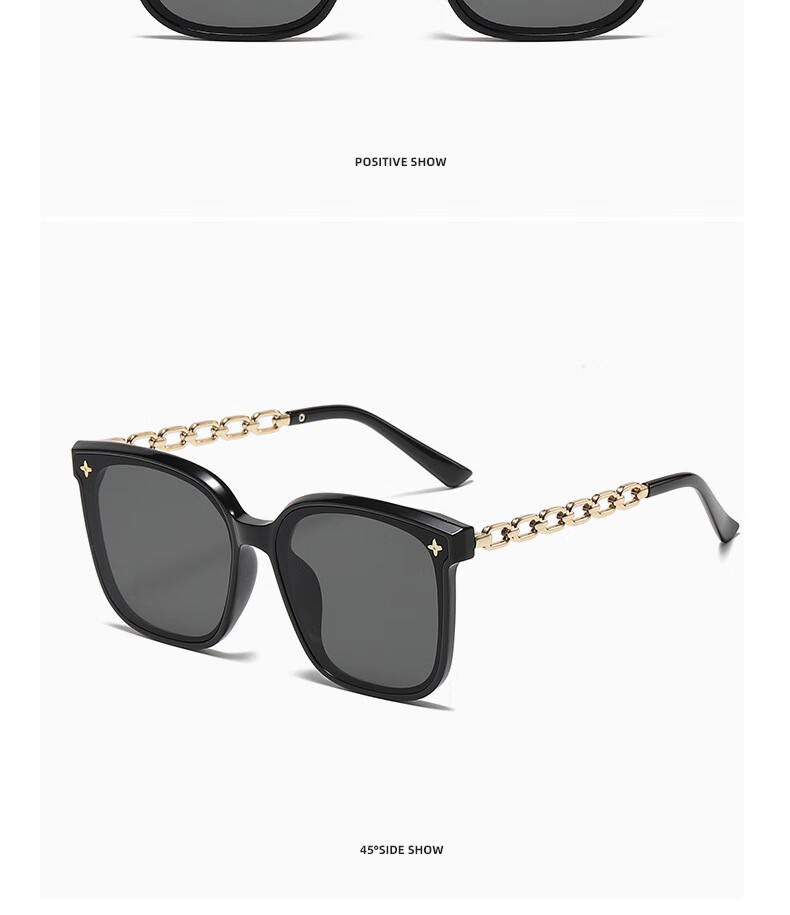 Boshide Sunglasses, Black Square Frame with Chain, Korean Style High-End Sun Protection, Black Gold Frame with Dark Gray Lenses 12