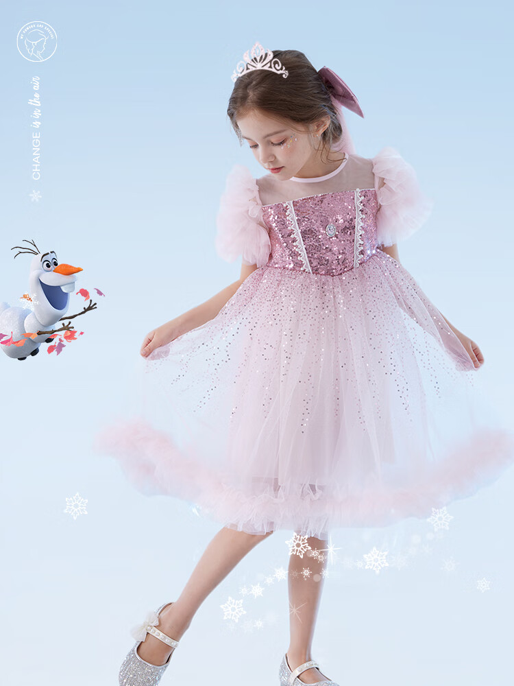 Disney Girls' Dress, Children's Elsa Princess Puffy Skirt, Little Girl's Holiday Party Dress, X84010 Pink, 140cm 3
