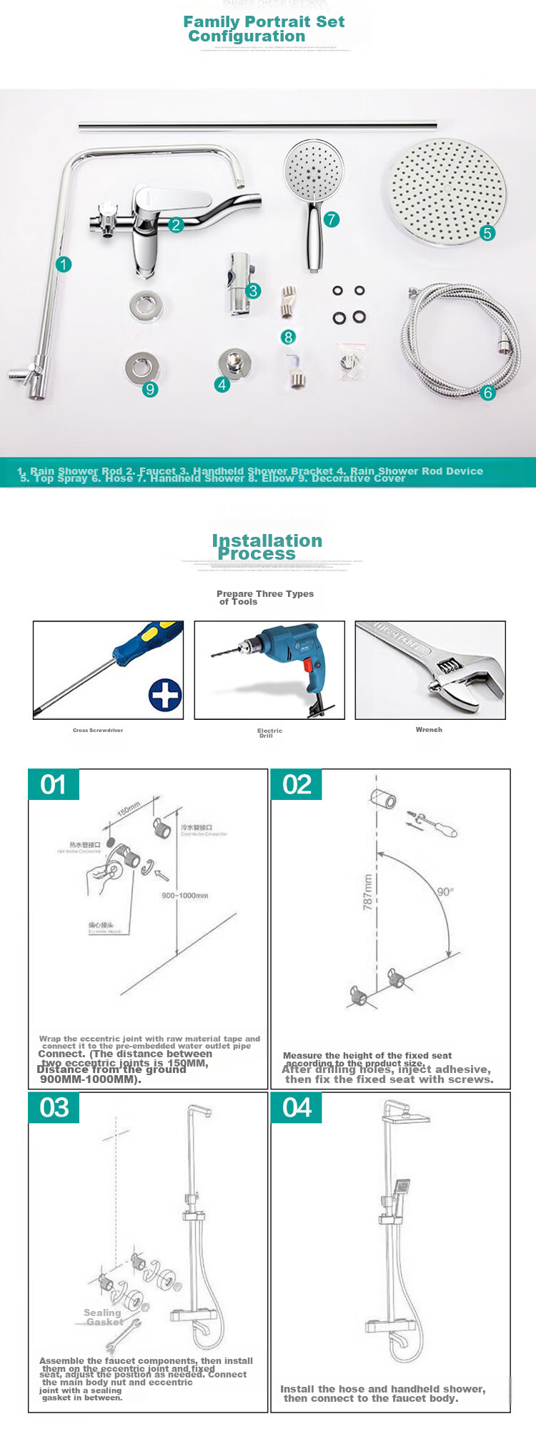 MICOE Shower Set Gun Gray Hot and Cold Shower Set Bathroom Pressurized Shower Head Full Set M-A130 17
