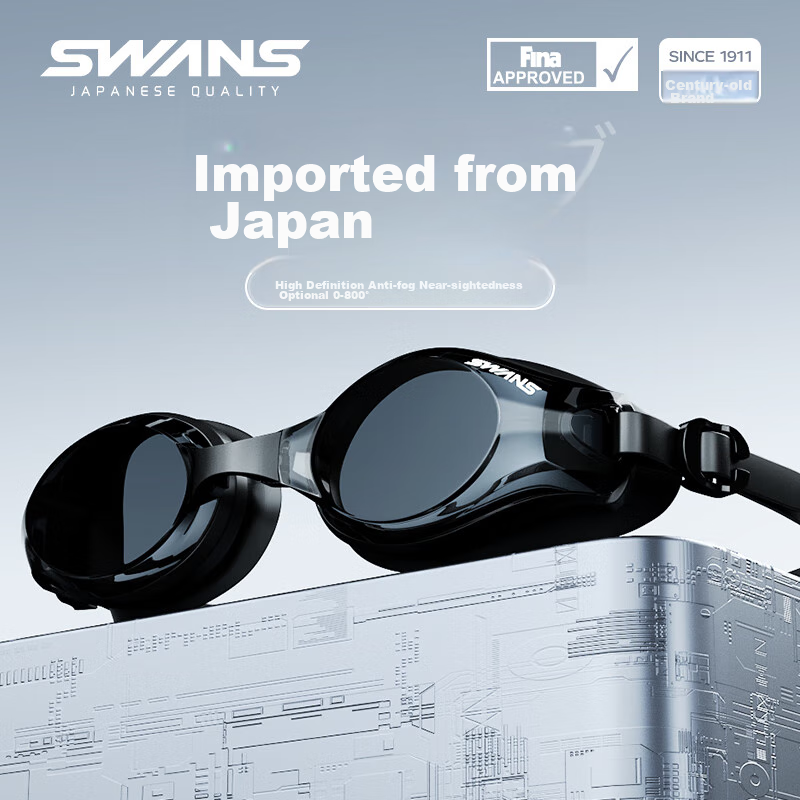 SWANS Swimming Goggles, Imported from Japan, Waterproof, Anti-Fog, High-Definition, for Myopia, Large Frame, Adult Diving Professional, Black, 300°