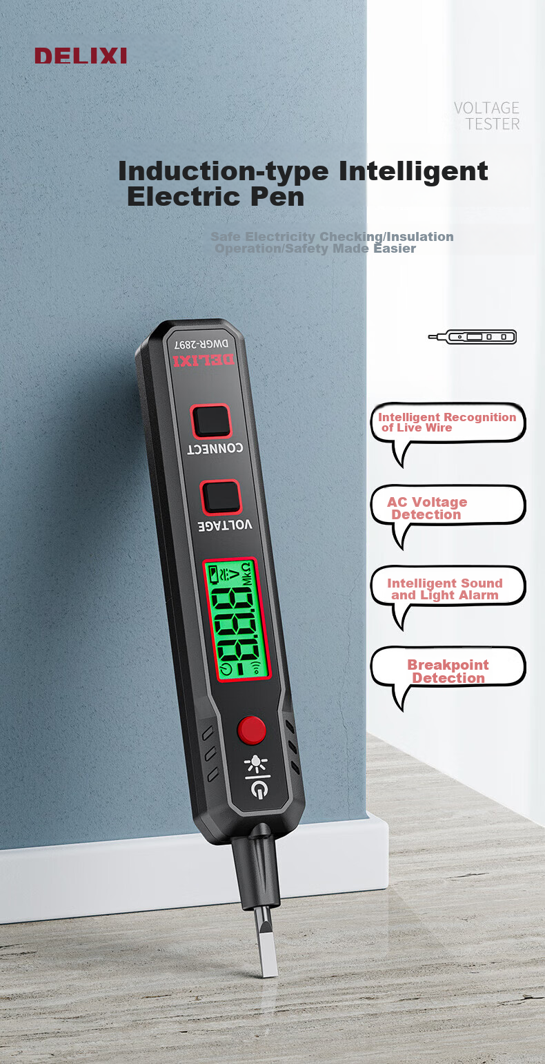 Delixi Electric Pen 2897 Smart Voltage Tester Multifunction Wire Break Detection Digital Display Electrician Induction Test Pen 1