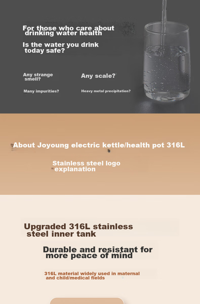 Joyoung Electric Kettle, 2L Large Capacity, 316L Stainless Steel Seamless Inner Tank, No Glue, Household Water Boiler, K20FD-W513 1