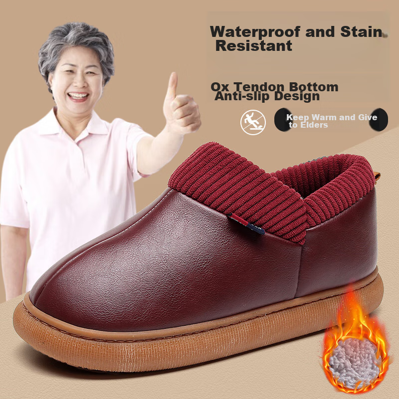 GUOLUOFEI Elderly Non-Slip Cotton Shoes with Heel, Fleece-Lined Warm Waterproof Slippers for Middle-Aged And Elderly Parents, Wine Red, Size 36-37