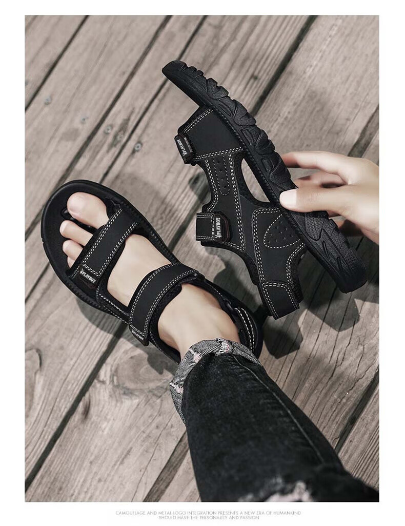 PLAYBOY Men's Sandals, Summer 2025 Breathable Beach Shoes, Korean-Style Perforated Shoes with Velcro Slippers, Black, Size 40 10