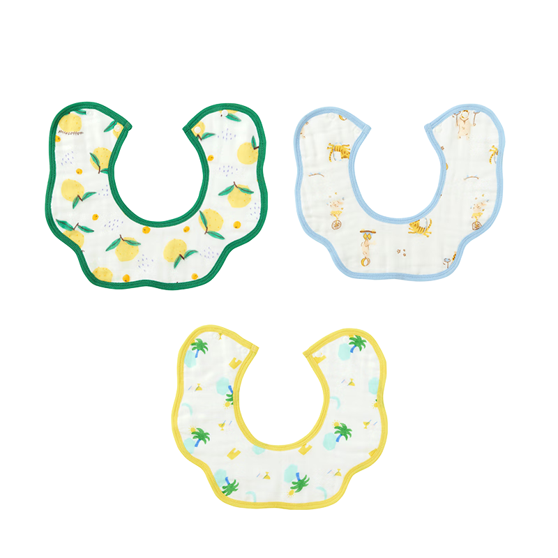 PurCotton Baby Gauze Petal Drool Bib, Pack of 3, Beach + Circus + Bunyip Fruit, 29×32cm