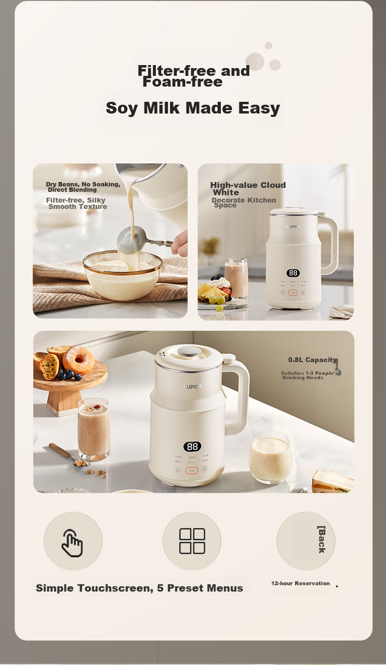 SUPOR Soy Milk Maker, 0.8L Small Home Juicer, 1-12H Reservation Multi-Function Filterless Automatic Cleaning for 1-2 People, DJ08B-P31E Subsidies 4