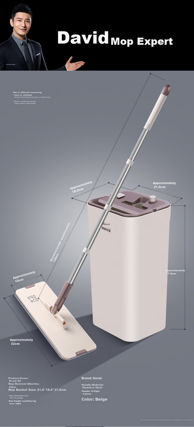 Dawei Flat Mop, 36cm, with Two Cloth Strips And Bucket, No Hand Washing Required, Thickened Mop, Suitable for Both Dry And Wet Use, Squeegee Z9 10