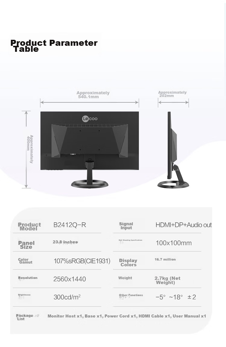 Lenovo Lecoo 27-Inch 2K Monitor with 100Hz Refresh Rate, HDR Technology, Type-C 65W Reverse Charging, Full-Function Height-Adjustable Rotating Stand Office Monitor M2721HL 12