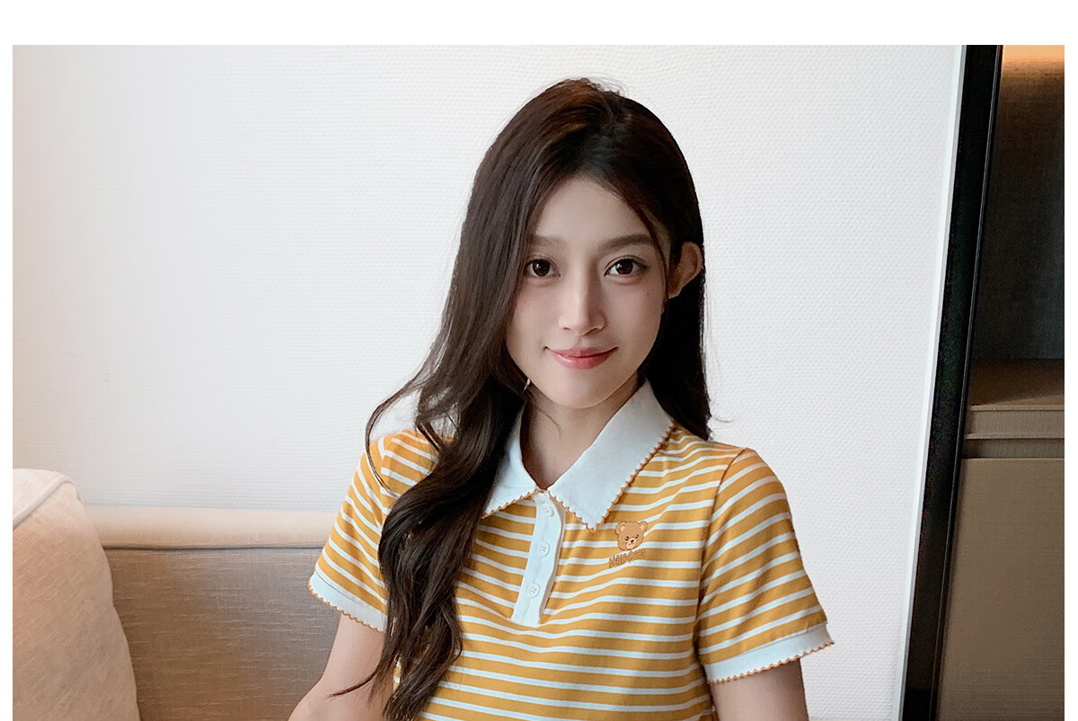 Halo Queen Women's Summer Polo Collar Short Sleeve T-Shirt, Casual Loose Versatile Collared Striped Top H143T1597 29