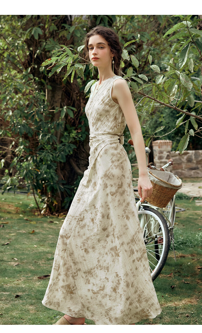 Olrain French Style Apricot Dress Women Summer Waist Slim Floral Mid-Length Dress Apricot L 19