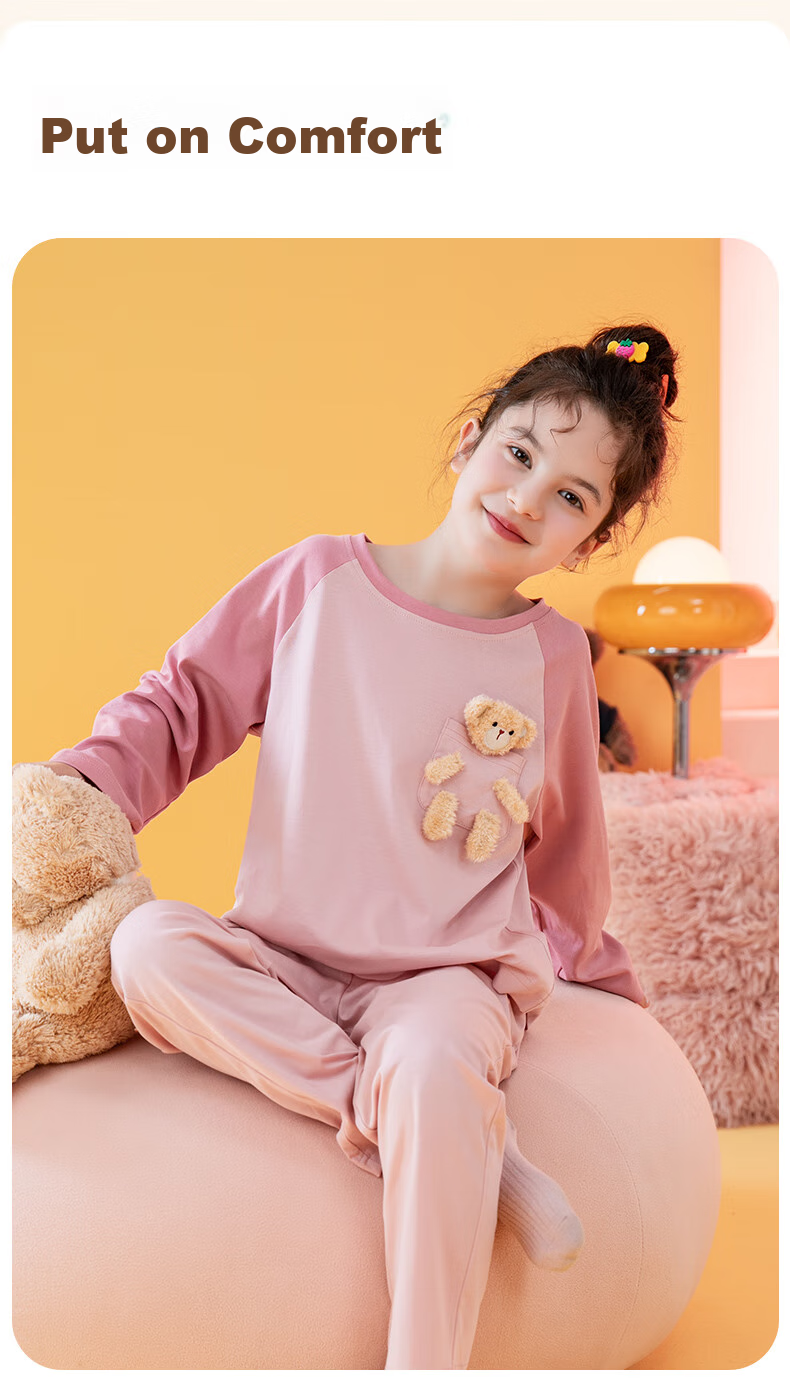 Fenteng Children's Pajamas for Girls, 100% Cotton Spring Season Three-Dimensional Bear Raglan Sleeve Sleepwear for Older Kids Q9FX257930976 14