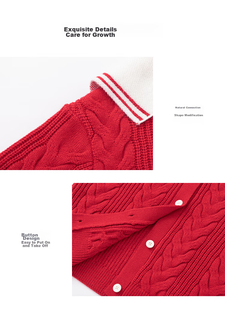 BALABALA Girls' Red Sweater, Children's Knitted Cardigan, Spring And Winter Wear, Contrasting Colors, Warm Open-Front Desig 4