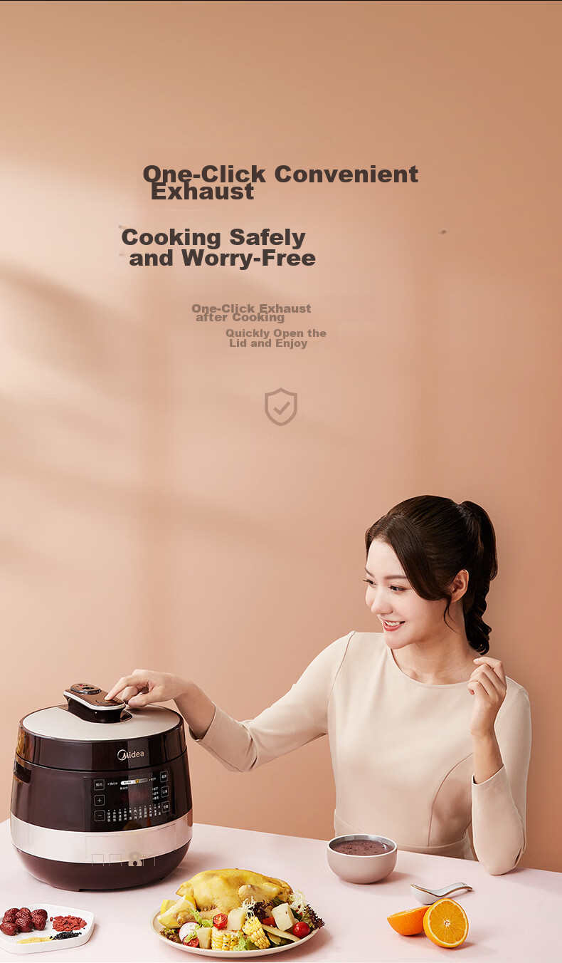 Midea Electric Pressure Cooker High-Pressure Pot One-Touch Exhaust Household Rice Cooker Smart Large Capacity Double Inner Pot Multifunctional Scheduled Timer Removable Lid MY-C5841G 12