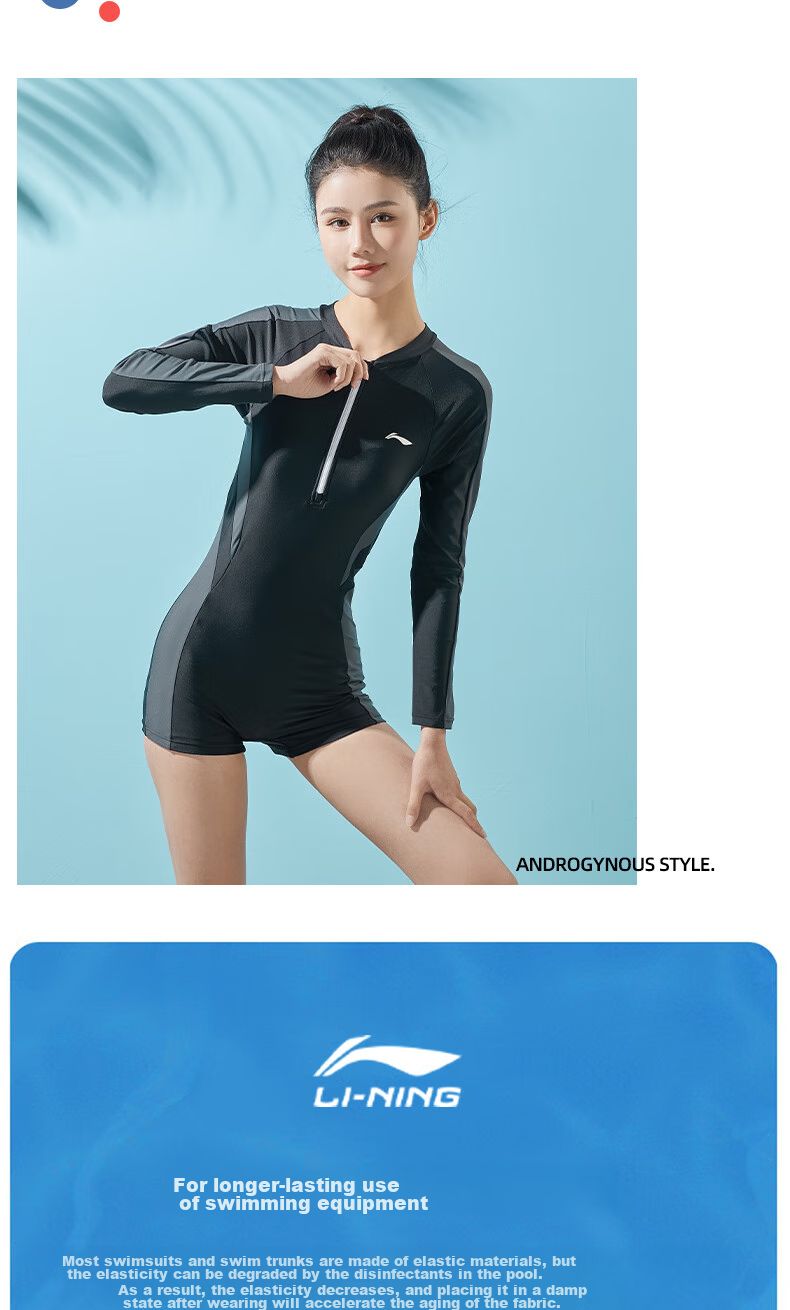 Li-Ning One-Piece Swimsuit for Women, Long Sleeves, Sun Protection, Conservative, Slimming, Comfortable, Chlorine-Resistant, Sports Training Swimwear 018 Black Gray XL 16
