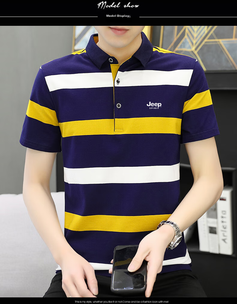 JEEP SPIRIT Men's Short-Sleeve T-Shirt, Summer Polo Shirt, Half-Sleeve, Collared, Striped, Business Casual, Slim Fit, Blue And Yellow, XL 9