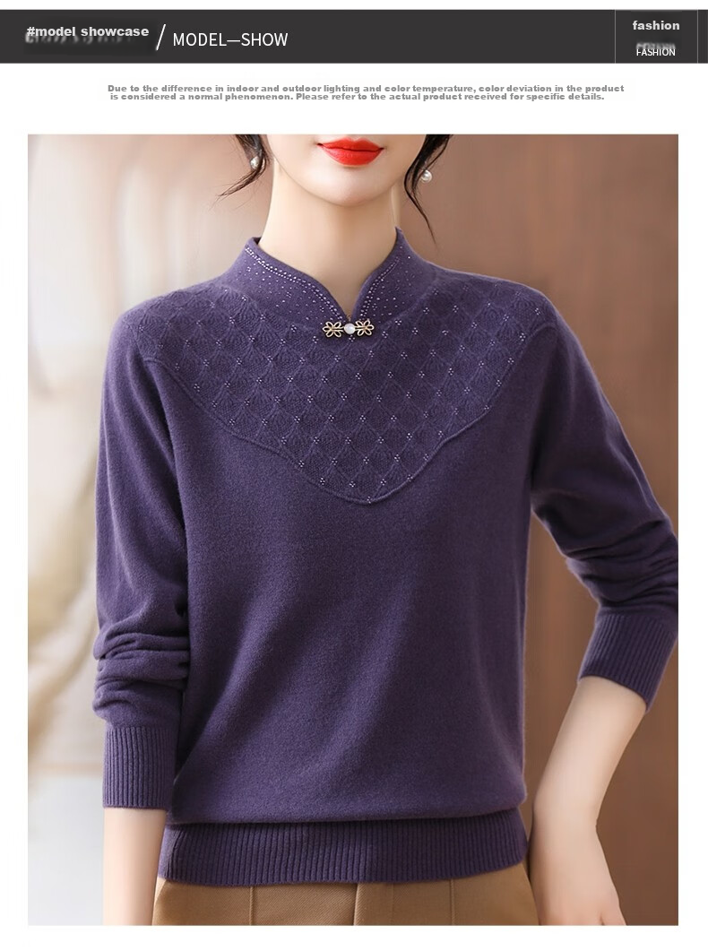 Hengyuanxiang Women's 100% Pure Wool Sweater, New Chinese Style Middle-Aged Mom's Outfit, 50-60 Years Old Stylish Zodiac Year Base Layer Red Sweater 13