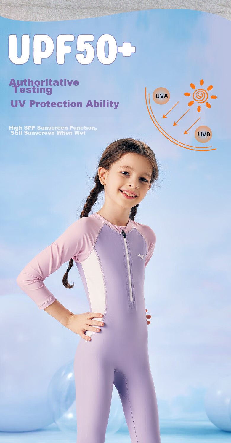 MIZUNO Children's Swimsuit, One-Piece Long-Sleeve Sun Protection Surfing Suit for Girls And Boys, Quick-Drying Baby Hot Spring Swimwear B447 Purple 130 3