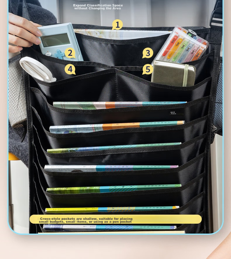 Deli 16-Grid Hanging Book Bag for Desk, Thirteen-Layer Upgraded Cross Storage Desk Hanging Bag, Student Book Storage Organizer, Thickened Version, Black School Supplies 7