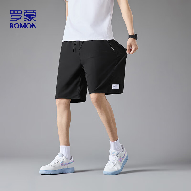 ROMON Men's Shorts, Summer Quick-Dry Ice Silk Elastic Cool Casual Five-Point Shorts, Men's Clothing LM2023, Black, Size L