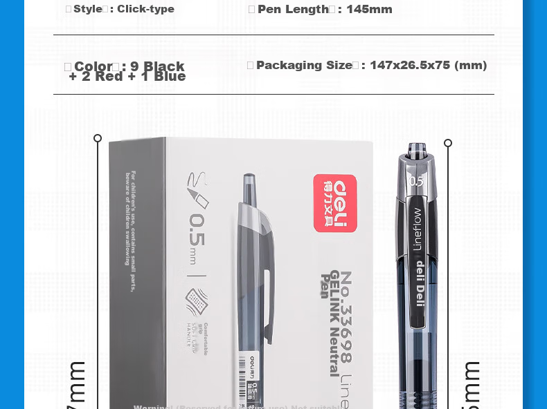 Deli Premium Smooth S08 Retractable Office Gel Pen, 0.5mm Bullet Tip, 12 Pens/box, 9 Black 2 Red 1 Blue, 33698 Gaokao Exam 19