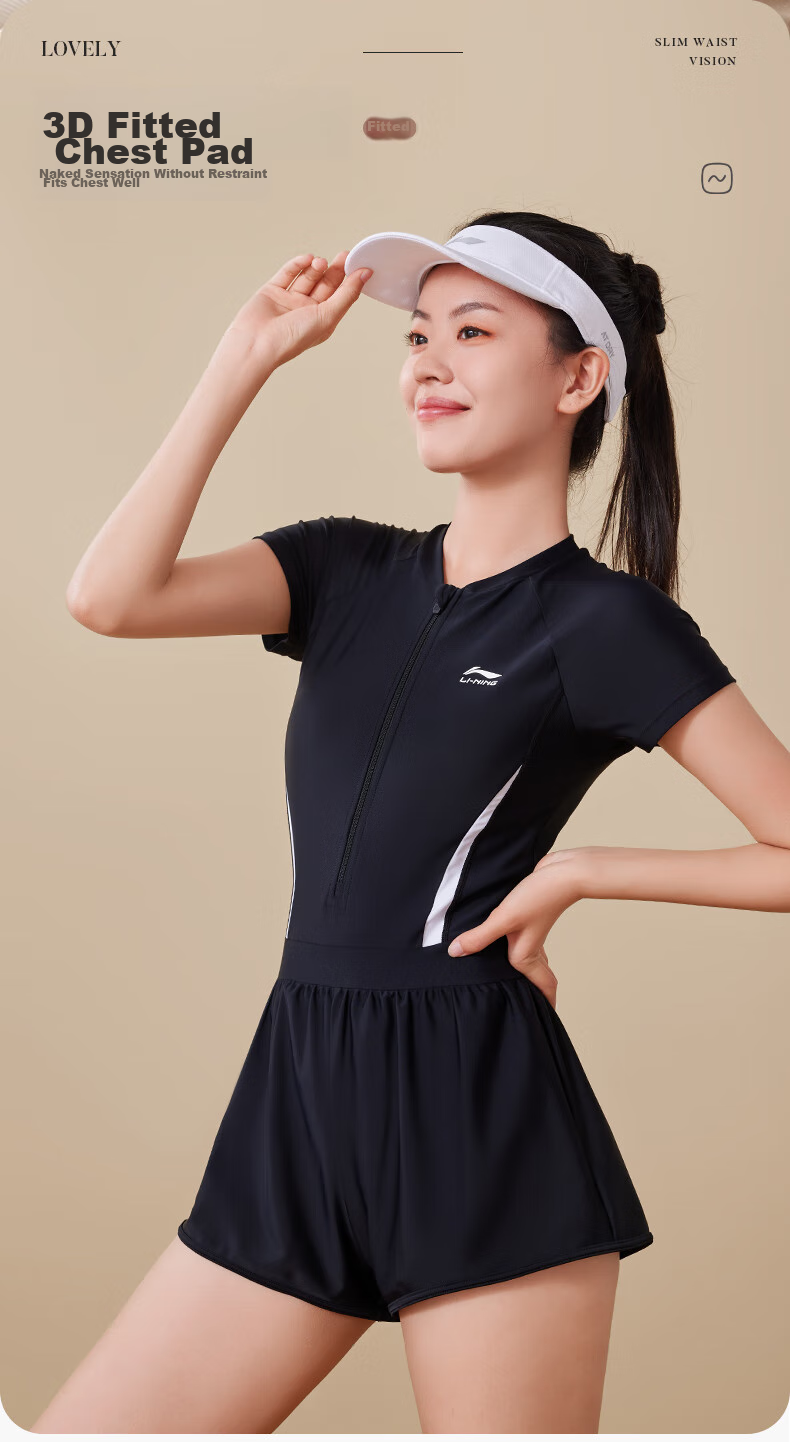 Li-Ning Women's One-Piece Two-In Swimsuit, Conservative Swimwear, Body-Covering, Hot Spring Swimming Gear, 5081 Black And White, XXL 6
