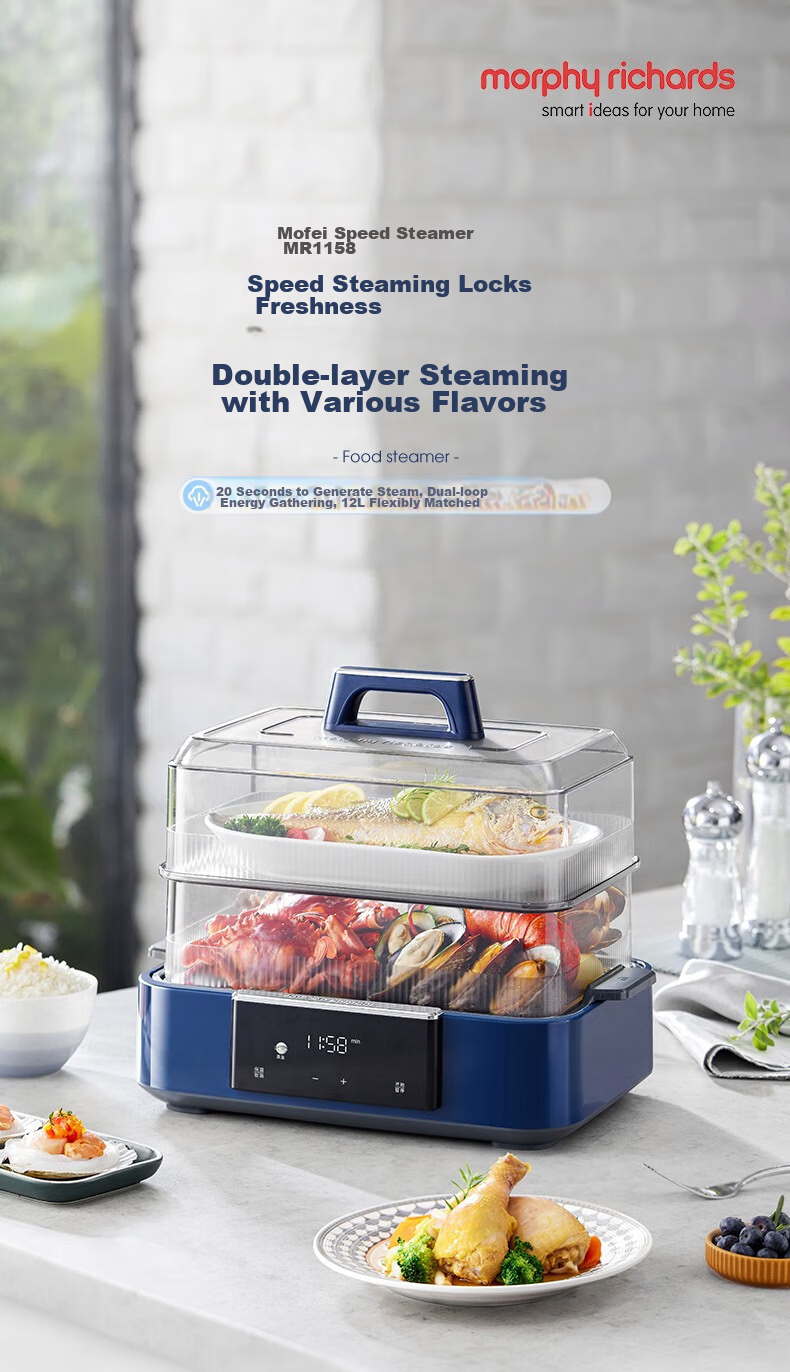 Morphyrichards Home Electric Steamer with Timer, Keep-Warm Function, Multi-Function Rapid Steaming Pot, Fully Transparent Window, Stainless Steel Steaming Tray, 12L Large Capacity MR1158 White One's Member 1