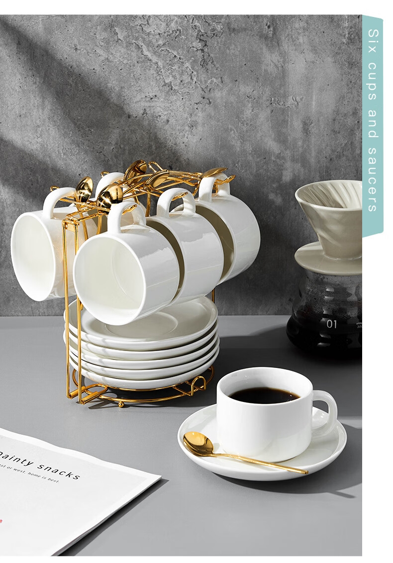 Youlaifu Coffee Cup Set, European-Style Gold-Rimmed Ceramic Cups, Hanging Ear Latte Cups, Office Mugs, 2 Cups, 2 Saucers, 2 Spoons 4