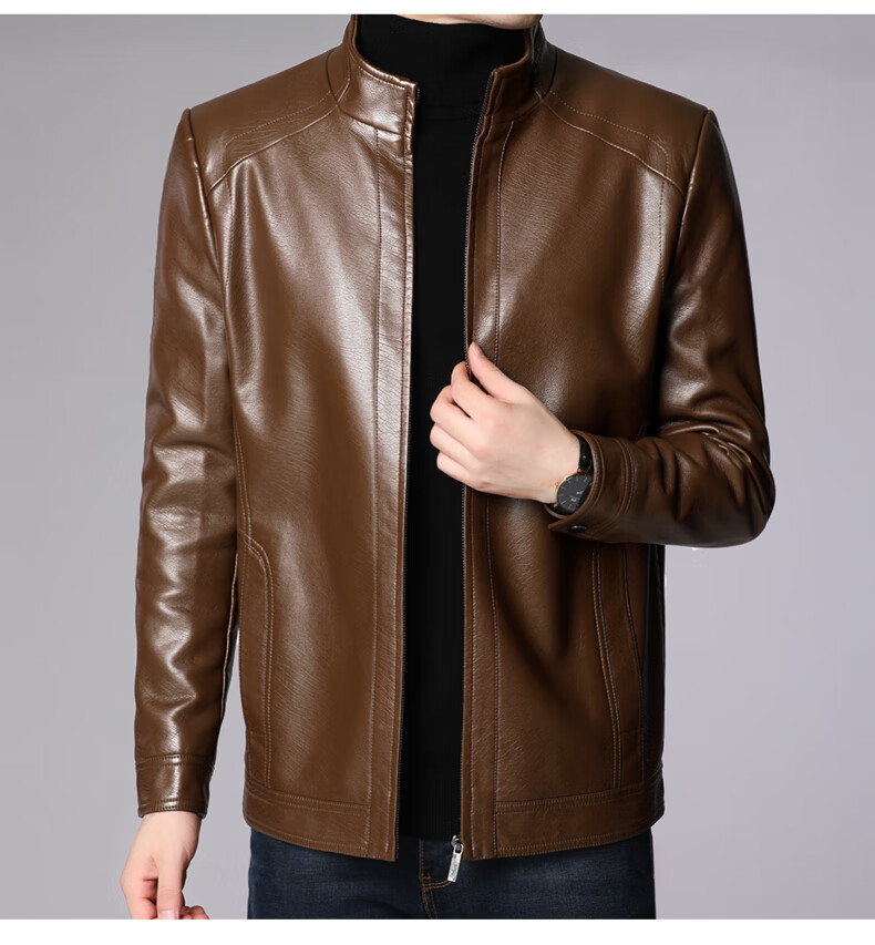Hengyuanxiang Men's Leather Jacket, 2024 Autumn And Winter Men's Outerwear, Fleece-Lined Thick Casual Lapel Jacket for Middle-Aged And Elderly Me 13