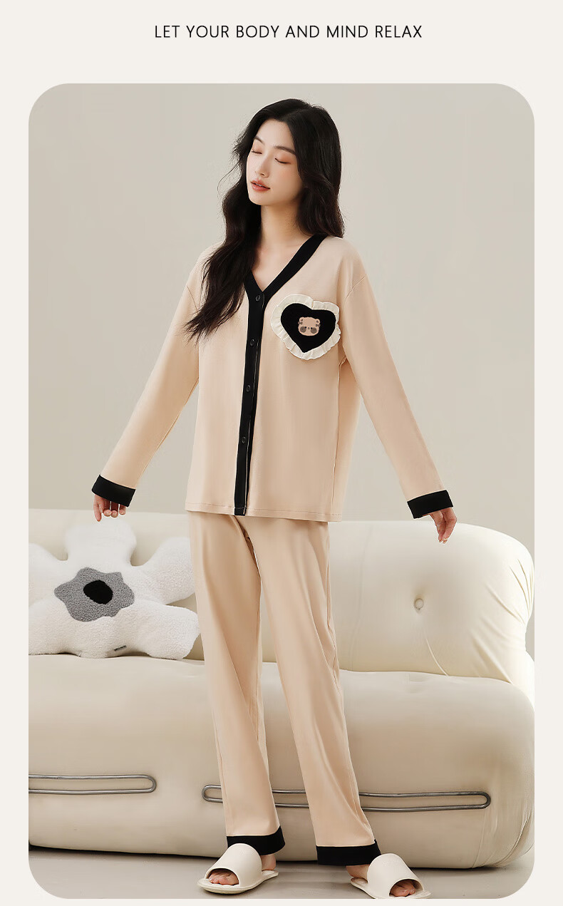 Yiershuang [100% Pure Cotton] Women's Pajamas, Spring And Summer Long-Sleeve V-Neck Cardigan, Printed Loungewear Set, Loose-Fitting for Outdoor Wear 9