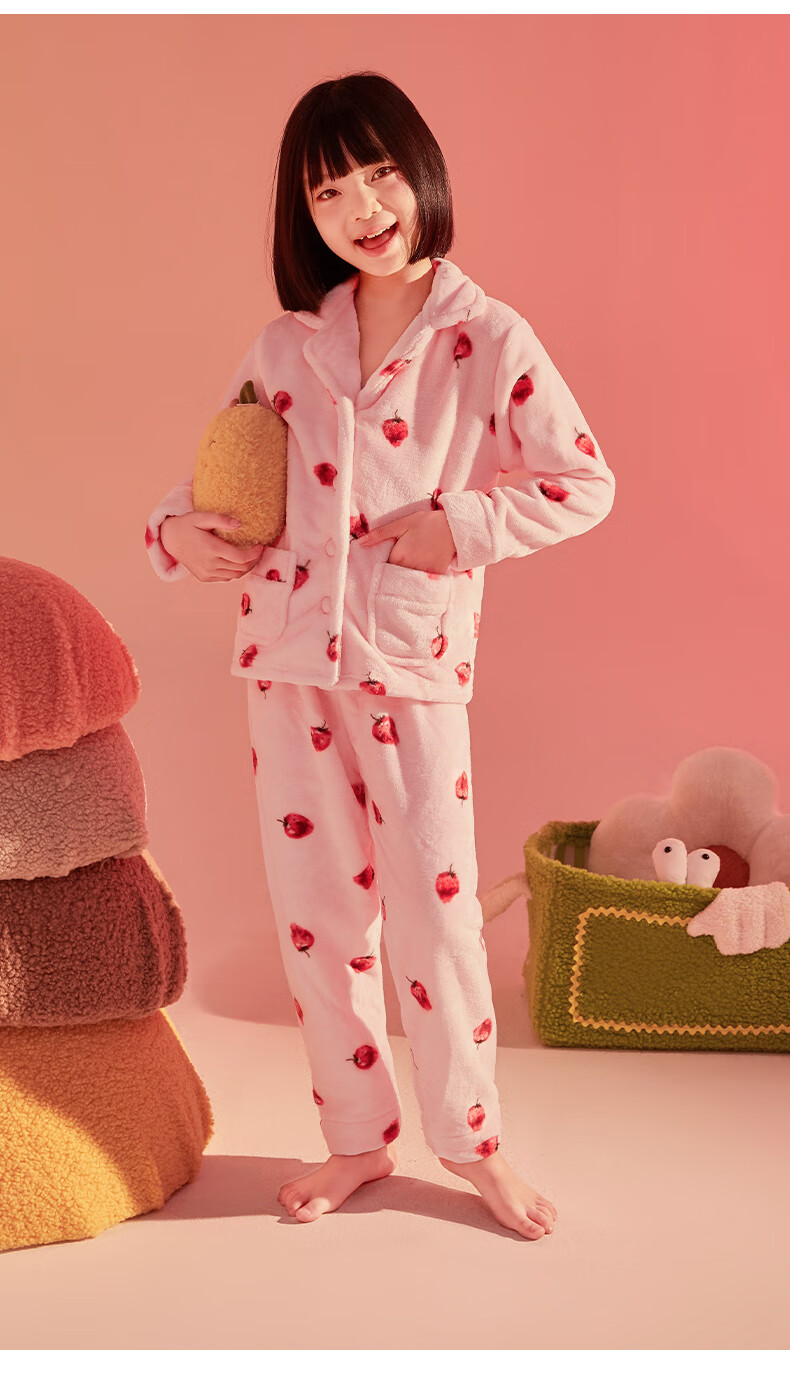LangSha Children's Pajamas, Boys' Autumn And Winter Round Neck Fleece-Lined Thickened Double-Sided Flannel, Girls' Home Wear, Warm Set, Size 150 17