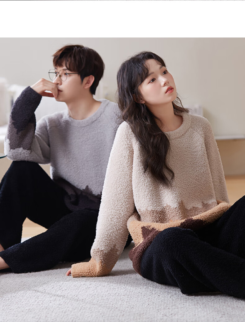 Shaqian Couple's Pajamas, Autumn And Winter Half-Fleece Women's Style, Thickened Warm Coral Fleece Men's Casual Home Wear Set 9