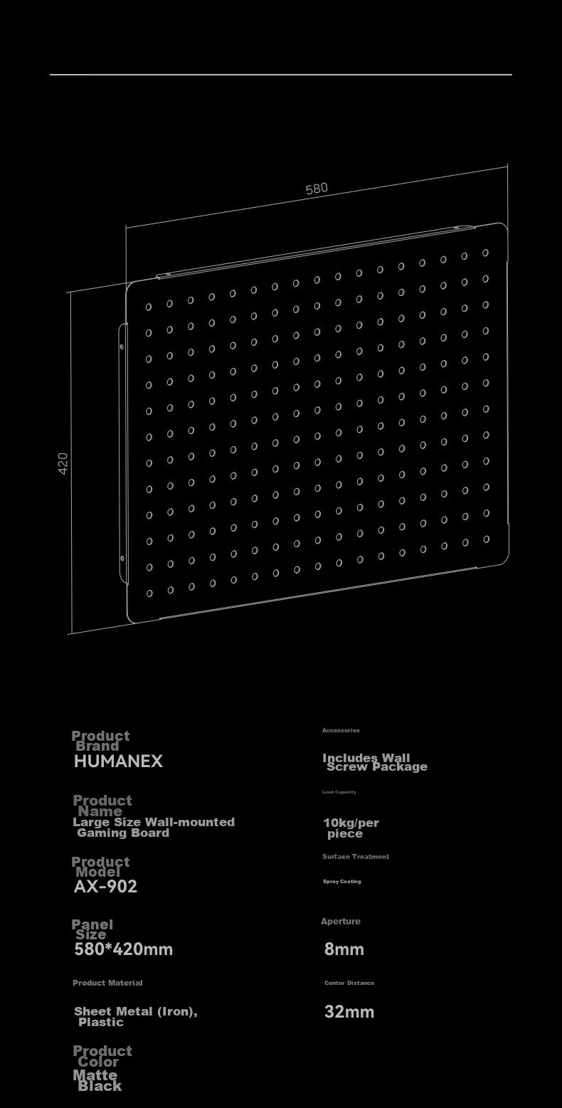 HUMANEX Pegboard Storage Rack, Wall-Mountable, for Gaming Room Or Office Desk, Creative Hooks And Accessories, Weight Capacity 10KG, AX-901 12