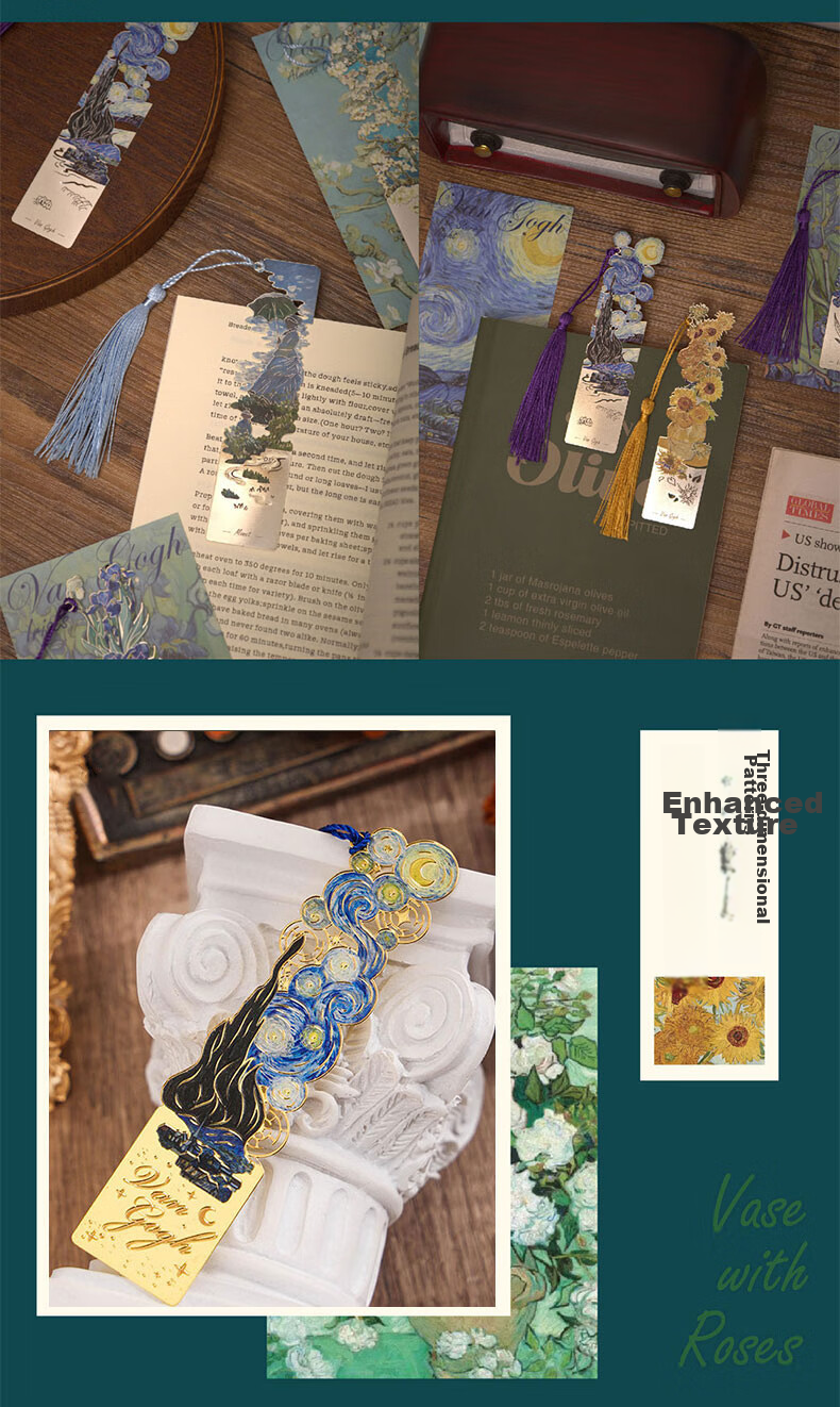 Shiluode High-Quality Tassel Metal Bookmarks, 4 Pieces, Birthday Gift Book Clips for Friends, Famous Painting Gift Bookmarks, Souvenirs, Van Gogh Oil Painting 6