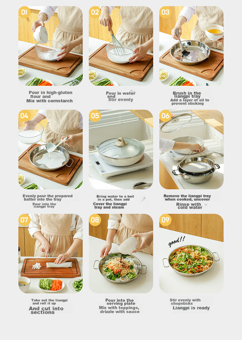 Guangyi 304 Stainless Steel Liangpi Plate And Liangpi Gong, Steaming Tool for Liangpi And Rice Noodle Rolls, 26cm GY7632 7