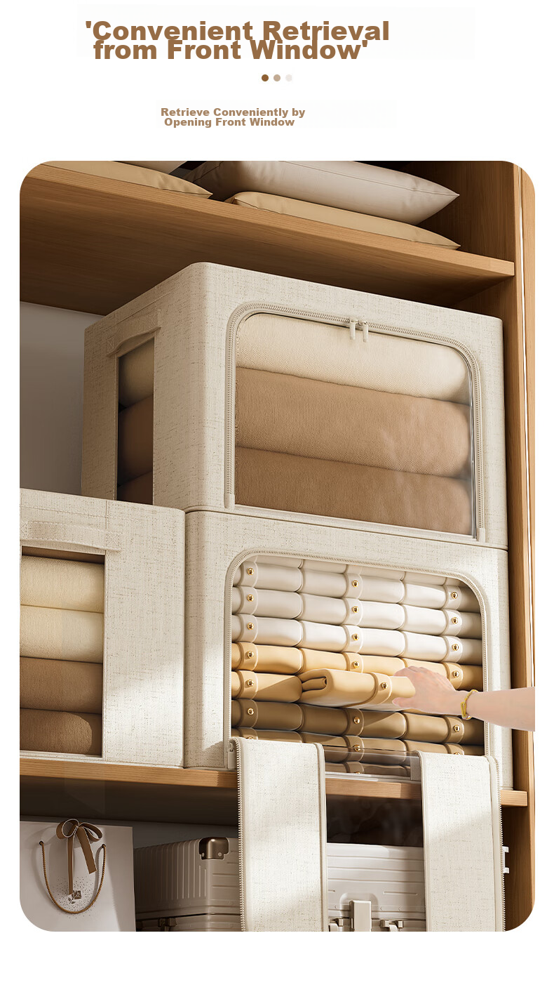 Bangnimeijia Tianshan Cotton And Linen Antibacterial Clothing Storage Box, Foldable Wardrobe Organizer for Clothes And Quilts, Cream Color, 66L 8
