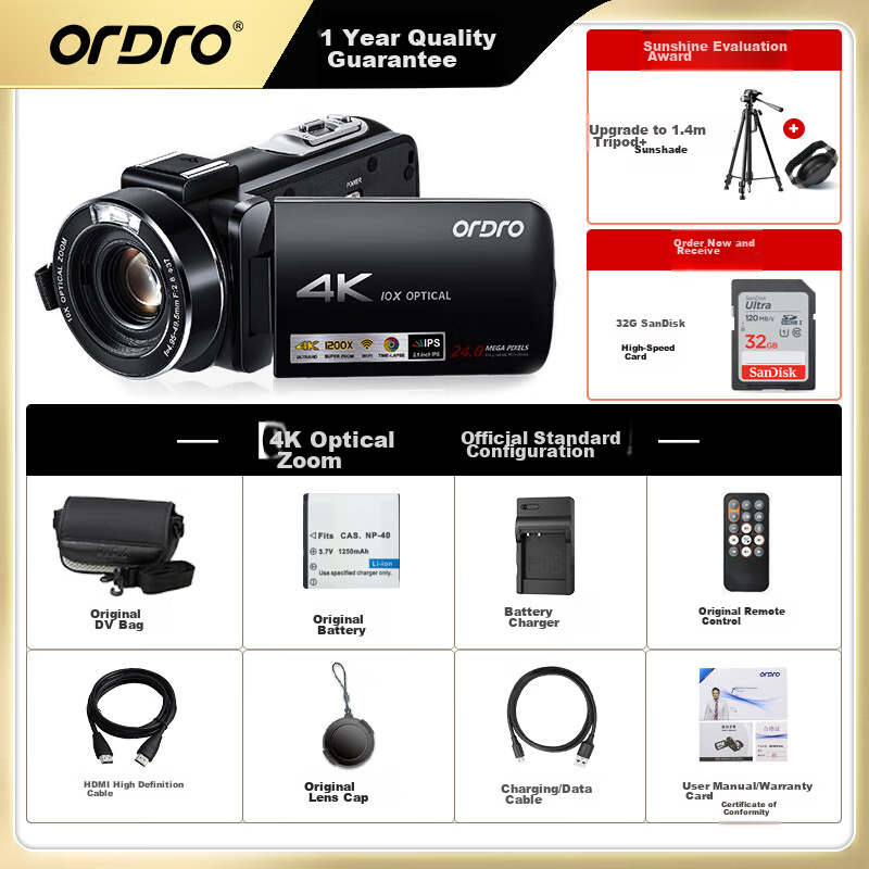ORDRO AC7 4K HD Camera, Professional Live Streaming Camera, Digital DV Recorder, 10x Optical Zoom, Vlog Short Video, Home Travel Conference Handheld All-In Camera