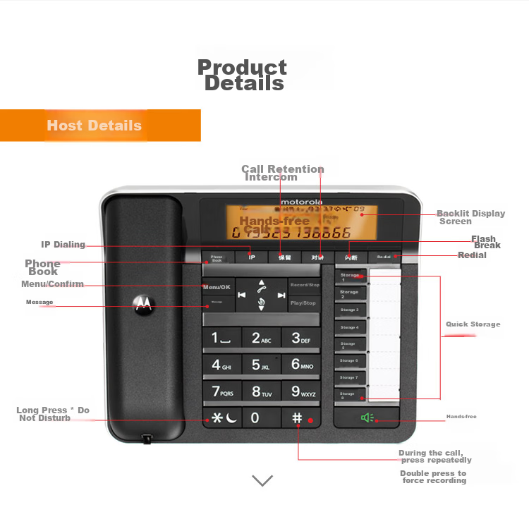 Motorola Cordless Telephone System, Long-Range Wireless Landline Phone, Telemarketing Fixed-Line Phone 16GB, Piano Lacquer Finish, Office And Home Use Executive Manager Telephone C7501RC 8