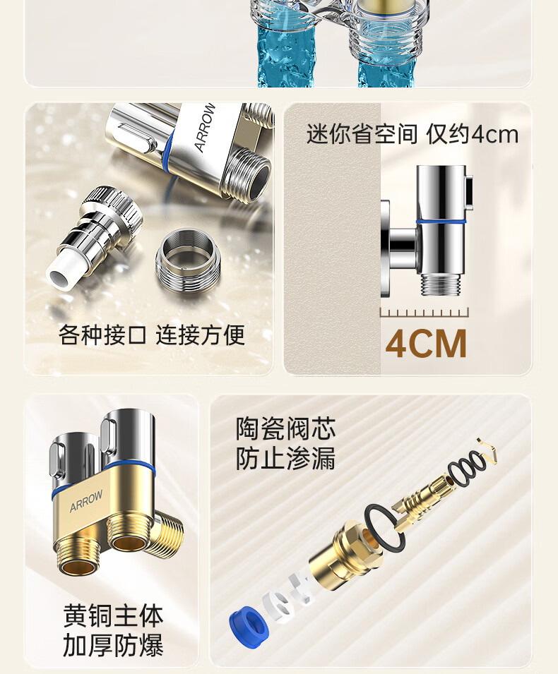 ARROW One-In Three-Way Angle Valve with Dual Handles And Dual Control, Separate Water Outlet with Built-In Water Stop Device, Multifunctional Washing Machine Faucet 4