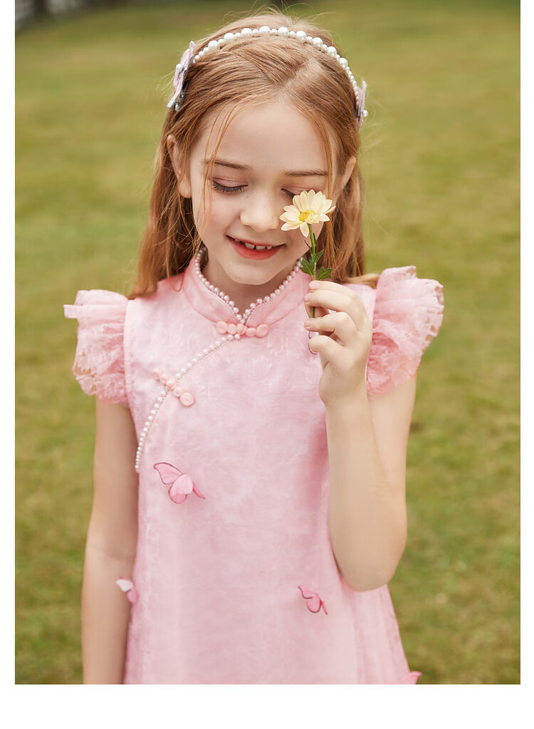 ASK JUNIOR Girls' Summer Dress with Small Flutter Sleeves, Retro New Chinese-Style Butterfly Qipao Dress, Princess Dress 13