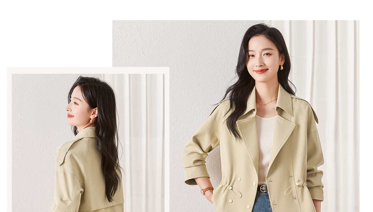 Chushen Spring And Autumn Women's Short Jacket, Fashionable And Elegant Design with Lapel Collar, Waist-Cinching Drawstring, Short Trench Coat S61D164 16